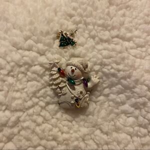 2 Piece LOT Snowman Pin & Christmas Tree Earrings